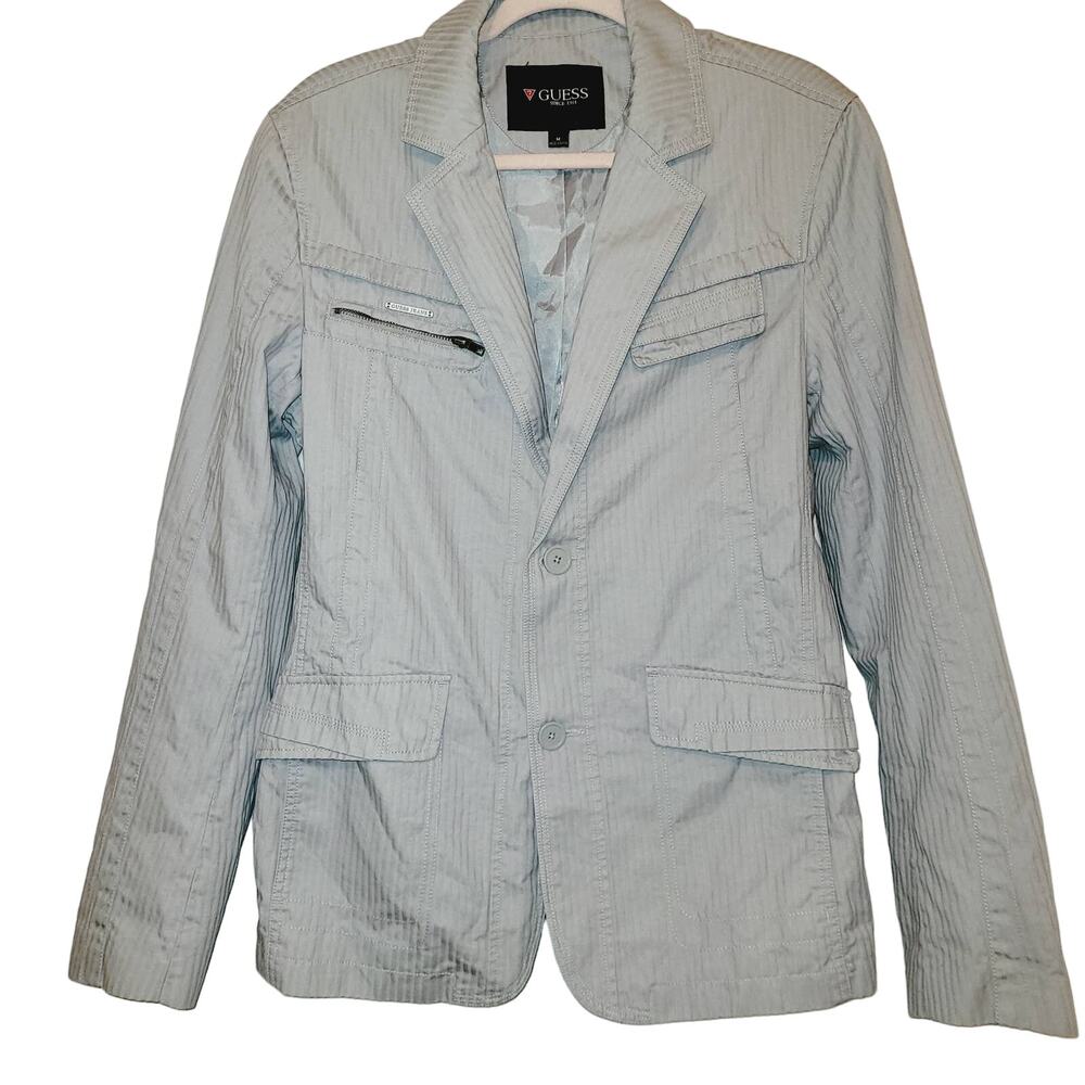 Guess womens grey pinstripe two button cotton utility blazer jacket size medium